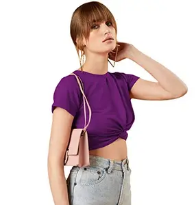 THE BLAZZE 1171 Women's Cotton Basic Front Twist Sexy Solid Crew Neck Slim Fit Short Sleeve Crop Top T-Shirt for Women (L, Violet)