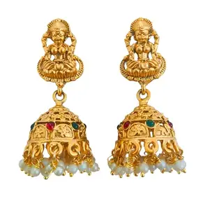 South Indian Design With Goddess Lakshmi Matte Design Gold-Plated With White Pearl Drop Earings Stud Jhumki Earings For Girls And Women