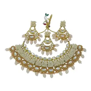 J & C Fashion Arena Beautiful Kundan and Pearl Chocker Necklace set with matching Earrings and Maangtika for Women (Peach) - JCFA-OX-ER-NC-00055