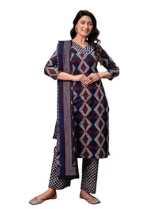 feranoid Bordered V-Neck 3-Piece Kurta Set with Ankle-Length Pants & Full-Length Dupatta (M–XXL)