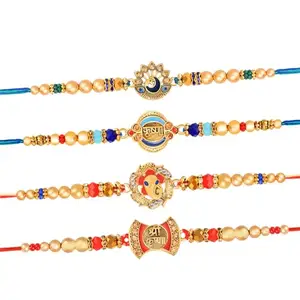 De Marquis Designer Assorted Rakhi, Chawal Roli Pack, Greeting Card Set (4 Rakhi Combo set For Brother)