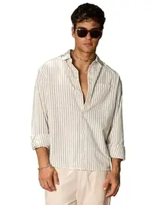 The Souled Store Striped Shirt: Mono Edge Men and Boys Long Sleeve Spread Collar Off White Striped Cotton Lightweight Easy to Style Everyday Office Wear Relaxed Shirt