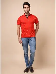 Men's Casual Cotton Printed Polo Neck Half Sleeve T-Shirt (Red, M)-PID55469