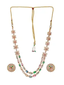 SARAF RS JEWELLERY- Multicoloured Stones Studded Floral Double Layered Necklace Jewellery Set