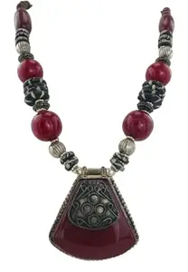 Sattyaki Antique Silver Oxidised Tribal Tibetan Semi Precious Stone and Pendant Bohemian Jewellery Necklace for Women and Girls (Red)