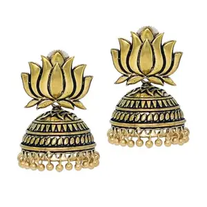 Generic Women's Handmade Gold Plated Lotus Shape Oxidised Jhumki-PID46552