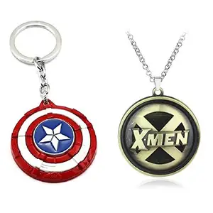 LADY HAWK Metal Logo of Mutant Superheros Character Accessory Customized Prop Pendant Locket with resizable silver chain and Rotating Blue Disk Shield Prop key ring chain for Unisex; Pack of 2