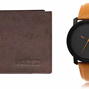 LOREM Brown Color Faux Leather Wallet & Black Analog Watch Combo for Men | WL12-LR20