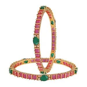 I Jewels 18K Gold Plated Traditional Brass Bangles Encased With CZ American Diamonds For Women/Girls (ADB309MG-c) (Set of 2)