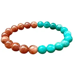 Lady Works Natural Amazonite & Sunstone 8mm Round Shape Smooth Cut Beads 7 Inch Stretchable Bracelet For Men & Women. Unisex Bracelet For Healing, Meditation, Prosperity, Gift & Luck|LW_BRST_00259_7.0