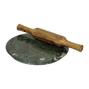 Kmnrb | Handcrafted Green Marble Roti Maker with Wooden Belan | 10 Inch Rolling Board Diameter 12 inch Rolling Pin Diameter | for Kitchen Use Roti Maker, Phulka, Chapati Maker Use for Choping Board