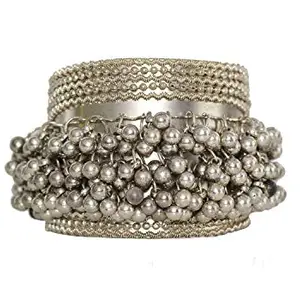 Feelorna handicrafts and jewellery Oxidised German Silver Beaded Cuff Kada Bracelet for Girls & Women (Silver)