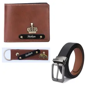 Walletkart Personalised Leather Gift Set for Men, Wallet, Keychain and Belt Combo (TAN)