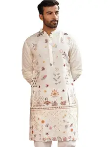 Jompers Floral Embroidered and Sequins Kurtas (White, XL)