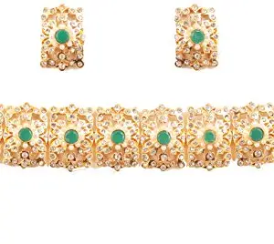 NEW! Touchstone "Mughal Jali collection" Indian Bollywood Great Mughal Era Inspired Choker Embellished With Faux Emerald, Pearls And Rhinestone Bridal Designer Jewelry Necklace Set In For Women In Gold Tone.