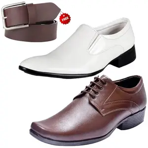 Latest Trendy Formal Shoes/Party Shoes/ 2 Shoes Combo with Free Belt for Men and Boys (BAZAAR9073_VTR004-Brwn-2004-Wht) Multicolor