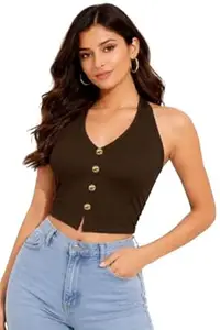 TIVANTE Solid Women's Sleeveless Halter Neck Crop Top with Gold Button Detail || Halter Neck Tops for Women Stylish