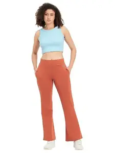 Clovia Women's Ribbed Crop Top & High-Rise Flared Yoga Pants with Side Pockets (COMBAT336_Orange,Blue_L)