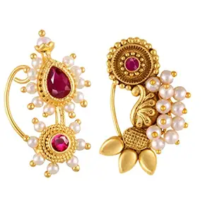 Vivastri's Premium Gucchedar Maharashtrian/Peackock Styled Nosepin Combo Set Of 2 For Ladies-VIVA1165-1172NTH-Press-Red