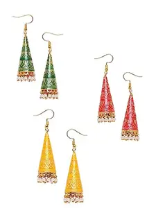 OOMPHelicious Jewellery Combo of 3 Green Rani Pink & Yellow Meenakari Jhumka Earrings - Cone Shaped - Delicate Design For Women & Girls Stylish Latest (EHC185-RN185-Y185_CC1)
