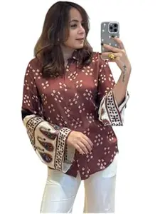 Zans & mens Women's Printed Shirt, Long Sleeve, Embroidered Cuffs, Collared Neck, Casual Ethnic Wear (in, Alpha, 2XL, Regular, Purpal-Bandhni)