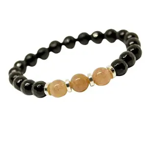 RRJEWELZ Natural Strawberry Quartz & Black Onyx 8mm round Shape smooth & faceted Cut Beads 6.5 Inch Stretchable Bracelet for Men & Women.|STBR_RR_08440_6.5
