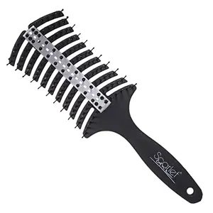 Scarlet Line Professional 12 Rows Curved Shape Ball Tip Bristles Pro Air Vented Flat Hair Styling Brush with Plastic Handle For Men n Women_Black