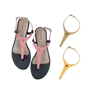 Cameleo -changes with You! Women's Plural T-Strap Slingback Flat Sandals | 3-in-1 Interchangeable Strap Set | Dark-Pink-Olive-Green-Yellow