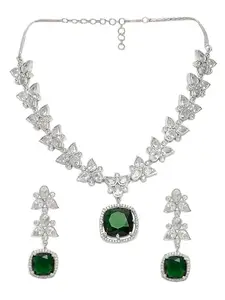 OOMPH Jewellery Green American Diamond Sqaure Drop Pendant Necklace Set with Drop Earrings For Women & Girls (G-NEFA4_O)