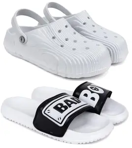 Pampy Angel Combo Pack of 2 Slipper/Flip Flops/Slides/Clogs/Sandals with Adjustable Back Strap for Men,(Cl-Wonder-Grey,Badboy-White),8 (UK/India)
