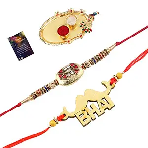 Elegant Bhaiya Rakhi " BHAI" Designe With Designer Look Rakhi Combo For Bhaiya With Roli Chawal And Greeting Card 1 Kankawati Pooja Thali -720