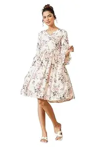 Janasya Women's Off White Rayon Floral Printed A-line Dress