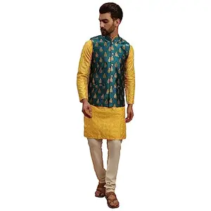 SOJANYA Men's Silk Blend Mustard Kurta and Cream Pyjama With Teal Blue Silk Nehru Jacket