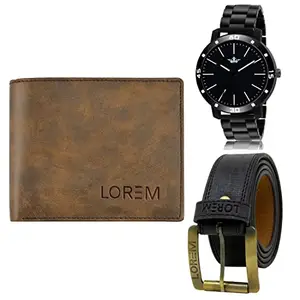 LOREM Mens Combo of Watch with Artificial Leather Wallet & Belt FZ-LR112-WL25-BL01