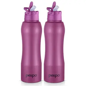 Pexpo Belly ISI Certified Stainless Steel Water Bottle with Straw Lid Sipper Cap, 1000 ML (Pack of 2) | Purple Plum | Single Wall Fridge Bottle| Easy Grip | Bottles for Home, Office, Gym, School, Yoga