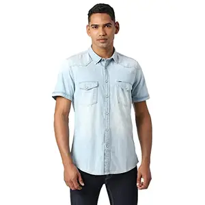 Pepe Jeans Men's Solid Regular Fit Shirt (PM308001F49000L_Ice Wash
