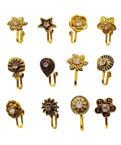 Avita Traders Gold Plated Press-On Nose Pin Set, 12 Pieces, Gold-Toned with Crystal Stones, Mixed Floral and Star Designs for Women & Girls