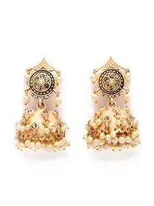 ADIVA Antique Gold-Plated Hand-Painted Stone Studded Crescent Shaped Handcrafted Jhumka Earrings Set for women, Traditional Stylish Jhumka for Girls Party, Wedding, Festive