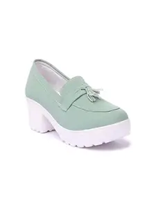 FURIOZZ Casual Block Heel Tassel Detailed Loafers for Women & Girls GNNPPN6-Olv-37 Olive