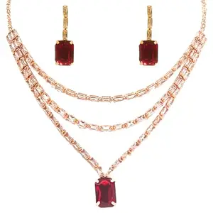 Handcrafted Rose Gold Plated Necklace Set with Earrings, Red Gemstones