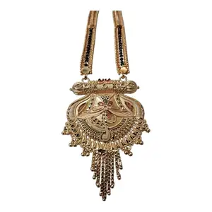 Shree Shyam Collection Artificial Jewellery Traditional Gold-Plated Pendant Necklace and Mangalsutra, Antique Indian Style, Ornate Floral Design with Hanging Beads, Decorative Chain