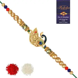 De Marquis Rakhi Combo Set of 3, 1 Peacock Design Rakhi, 1 Roli Chawal Pack, 1 Greeting Card for Bro/Brother/Bhaiya/Bhai/Bhabhi/Sister/Kids Happy Rakshabandhan