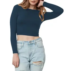 THE BLAZZE Women's Cotton Trendy Boat Neck Full | Long Sleeve Solid Casual Wear Crop Top for Women L353 1138 (XL, NVY)