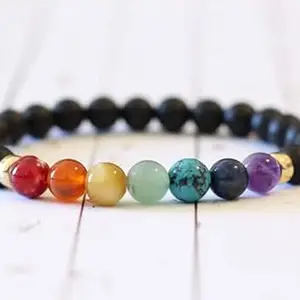 LKBEADS Natural 7 Chakra Stone & Black Lava 8mm Round Shape Smooth Cut Beads 8 inch Stretchable Bracelet for Men & Women|STBR_RR_00028_80