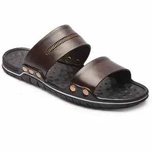 FEATHER LEATHER Stylish Men's Comfortable & Lightweight Sandals & Slippers | Genuine Leather Casual Slipper/flip-flop for Men | Everyday and Office Use Slipper (Brown - 10 UK)