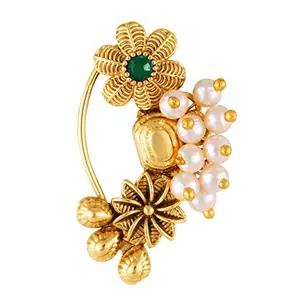 Vivastri Premium Gold Plated Nath Collection With Beautiful & Luxurious Green Diamond Pearl Studded Maharashtraian Nath For Women & Girls-VIVA1169NTH-Press-Green