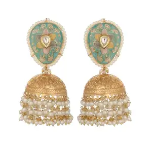 Yinara Blue Royale Enamel Pearl Drop Statement Jhumki Earrings