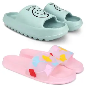 Pampy Angel Combo Pack of 2 Slipper/Flip Flops/Slides for Women,(YW-Smil-Green,Gobi-Pink),40 (Euro)