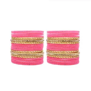 Globe Bangles-Glass Bangles Set(in 6 colours) with 8 Fancy Golden Bangles & 4 Pcs of Zircon Kada, set of 36 bangles for women & girls for parties (Pink, 2.6)