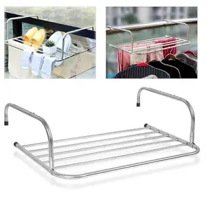 Navaliya Stainless Steel Metal Adjustable Cloth Drying Stand Rack Balcony Window Hanging Cloth Hanger Laundry Organizer Shelf Wall Cloth Dryer Stand Indoor Outdoor Windowsill Guardrail Balcony